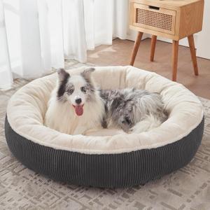 BedStill 45 inches Donut Dog Bed for Extra Large Dogs,Calming Round Pet Bed with Removable & Washable Cover, Plush Faux Fur & Corduroy, Fits up to 100 lbs Pets(Dark Grey,XL)