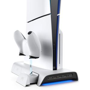 KIWI design D3 Cooling Station for PS5 Slim with Press-and-Pull Design, Controller Charging Station with Magnetic Dongles, Vertical Stand with High-Speed Cooling Fan and RGB for PS5 Slim Accessories