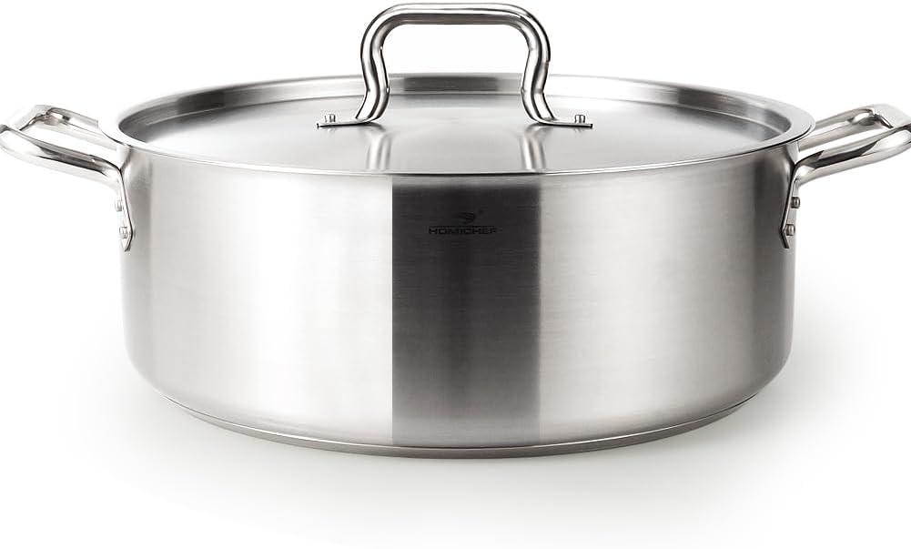 HOMICHEF 19 Quart LARGE Stainless Steel Braiser Pan with Lid - Commercial Grade NICKEL FREE Matte Polished Stainless Steel Braiser Pot 19 QT - Heavy Weight Braising Pan Non Toxic Induction, 19QT - Matte Polished - NICKEL FREE & NO COATING