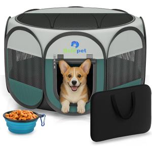 Playpen for Small Dogs Cats Crate: Puppy Play Pen Indoor Outdoor Foldable Potable Exercise Cage Pop up Kennel for Guinea Pig Rabbits Hamster Travel with Carrying Case & Food Bowl (Green, S, 1)