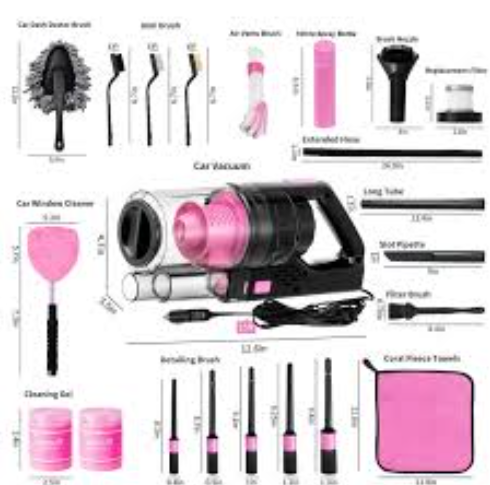 Viewsun 17pcs Car Cleaning Kit, Pink Car Interior Detailing Kit with High Power Handheld Vacuum, Detailing Brush Set, Windshield Cleaner, Cleaning Gel, Complete Auto Accessories for Women Gift