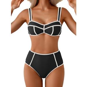 Eomenie Bikini Sets for Women Two Piece Swimsuits High Waisted Color Block Bathing Suits Tie Back Swimwear, Size L