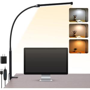 Voncerus LED Desk Lamp with Clamp, Eye-Caring Clip on Lights for Home Office, 3 Modes 10 Brightness, Long Flexible Goose-Neck, Metal, Swing Arm Architect Task Table Lamps with USB Adapter, Black