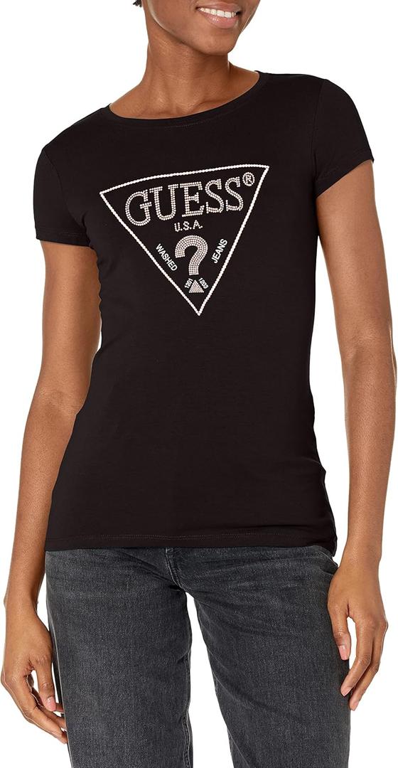 GUESS Women's Short Sleeve Embellished Logo R3 Tee (Large, Jet Black)