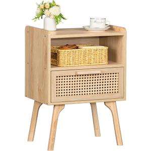 Rattan Nightstand, Boho Side Table with Drawer Open Shelf, Cane Accent Bedside End Table with Solid Wood Legs for Bedroom, Dorm and Small Spaces (Natural)