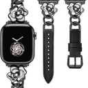 Minyee Compatible with Apple Watch Band 42/41/40/38/44/45/46/49mm Women, Dressy Slim Elegant Leather Metal Chain Strap with Bling Camellia Charms for iWatch Series 11 10 9 8 7 6 5 4 SE/Ultra 3 2 1 (Black/Black)
