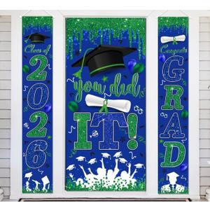 Blue and Green Graduation Decorations Class of 2026 Congrats Grad Banner and You Did It Door Cover for High School College Grad Party Supplies