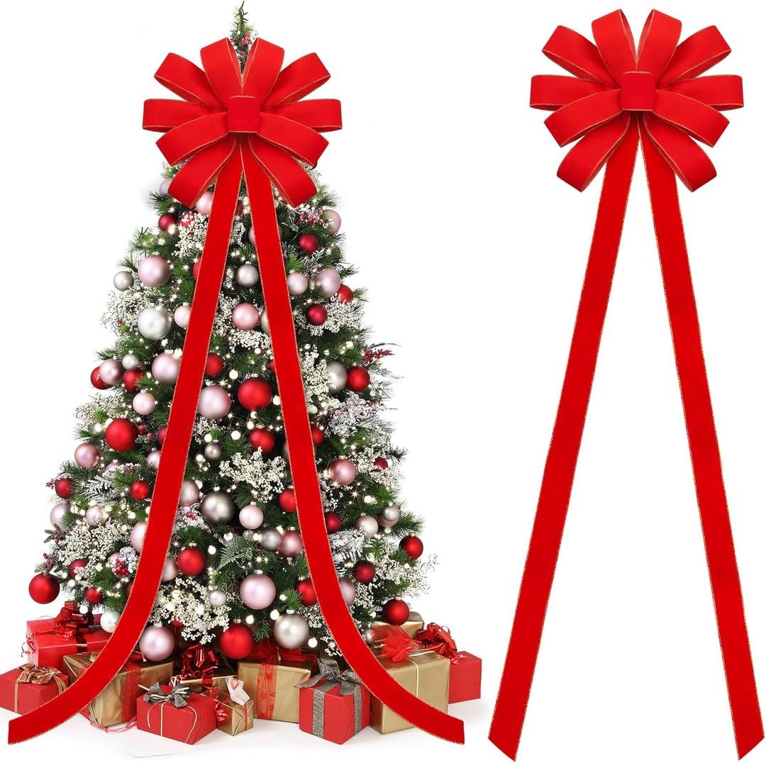 Fovths 2 Pieces Extra Large Red Christmas Bows 118 x 28 Inches Velvet Christmas Wreath Bow with Glitter Gold Edge Xmas Tree Topper Ornament Bow for Xmas Home Indoor Outdoor Door Decor