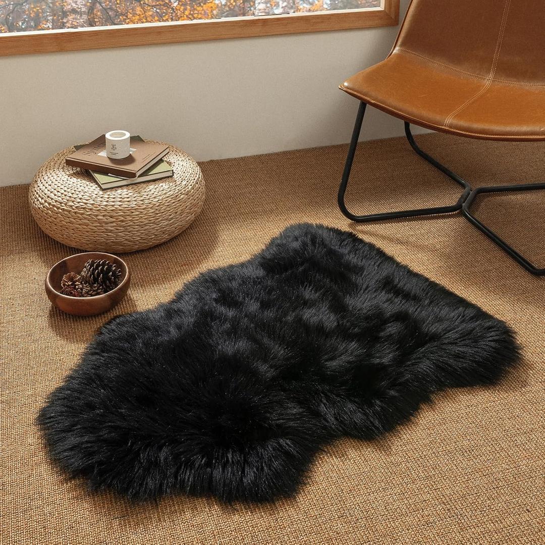 Ashler Faux Fur Rug, Black Area Rugs, Fluffy Sheepskin Fur Rug, Fuzzy Ultra Soft 2 x 3 Ft Rugs, Machine Washable Shag Rug, Nursery Throw Rugs for Bed, Living, Kids Room