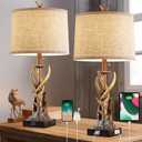 Rustic Deer Antler Table Lamps Set of 2 for Bedroom Farmhouse Bedside Lamps with USB A+C Ports for Living Room End Table Hunting Themed Cabin Lamp Pull Chain Linen, Bulbs Not Included