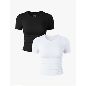 OQQ Womens 2 Piece Shirts Short Sleeve Crew Neck Ruched Stretch Fitted Tee Shirts Crop Tops SizeM