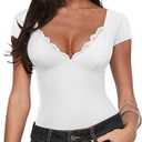 REORIA Womens Deep V Neck Bodysuit Double Lined Lace Bodysuit Short Sleeve Backless Top Sexy Going Out Outfits Larg