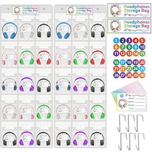 2+68P Classroom Headphone Storage Organize, 30Pockets Clear Earphone Hanging Storage Bags Classroom Over The Door Hanging Headphone Bags with 62P Stickers, 6P Hooks for Tidy Earphones