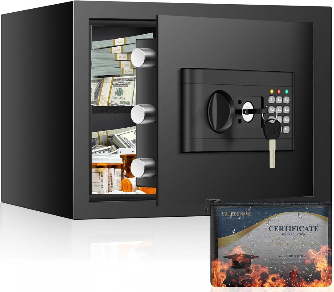 9.84 Inchs Safe Box for Home, 1.2 Cuft Small Home Safe with Fireproof Money Bag, Digital Keypad, Spare Keys and Removable Shelf, Personal Security Lock Box for Money, Documents and Guns