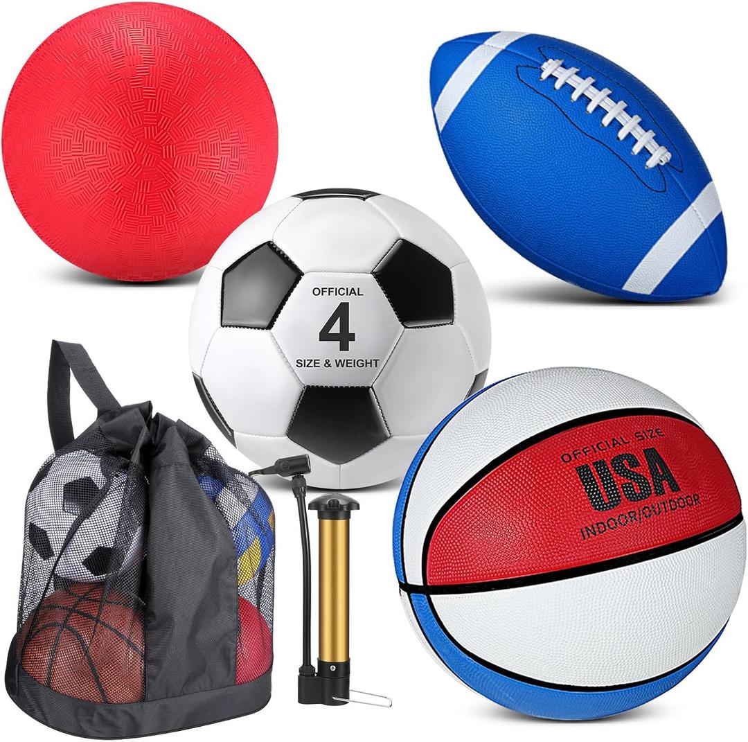 Deekin 4 Pcs Sport Balls Set for Kids Teens, Include Official Size Basketball Soccer Football Playground Ball and Pump Sports Equipment Bag Sports Gift(Bright Color)