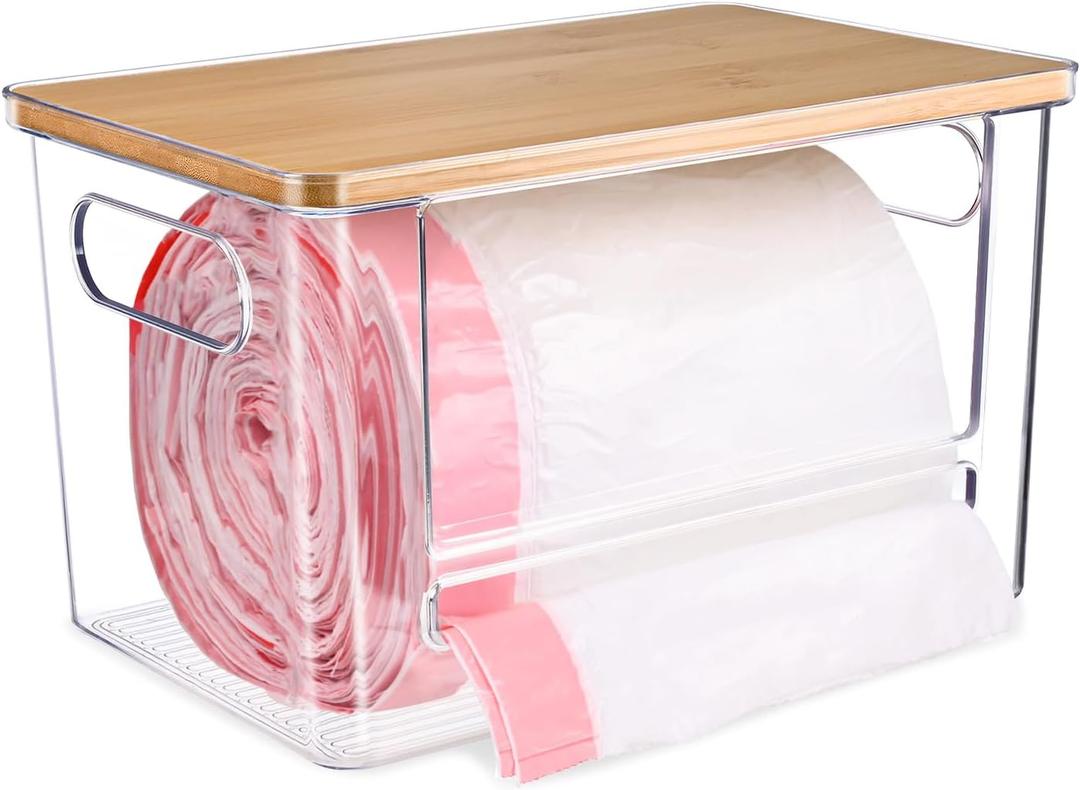Trash Bag Dispenser, Trash Bag Holder Dispenser with Bamboo Top, Extra Large Garbage Bags Holder Organizer Under Sink for Kitchen, Pantry, Laundry Room (1PCS Wood)