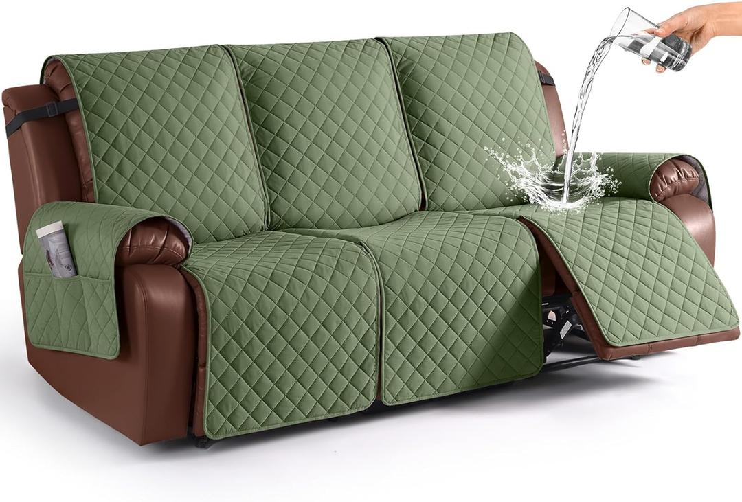 KinCam Waterproof Recliner Sofa Cover, Non-Slip Reclining Couch Covers for 3 Seat, Recliner Couch Cover Furniture Protector with Elastic Straps for Pets, Kids, Cactus Green