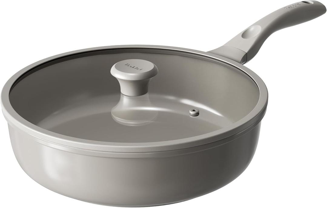 Redchef Ceramic Coated Nonstick Frying Pan with Cover, Large Deep Saute Pan Skillet, Induction Ready, Dishwasher Safe, PFOA PFOS Free, Non Toxic, Glass Lid Large Deep Frying Pan, Grey (5.5Qt, 12") (Gray)