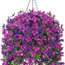 INXUGAO Artificial Hanging Flowers Plants with Basket for Outdoors, Realistic Faux Silk Daisy Flower Eucalyptus for Spring Decor, UV Resistant Fake Plants for Porch Patio Yard Balcony, Violet