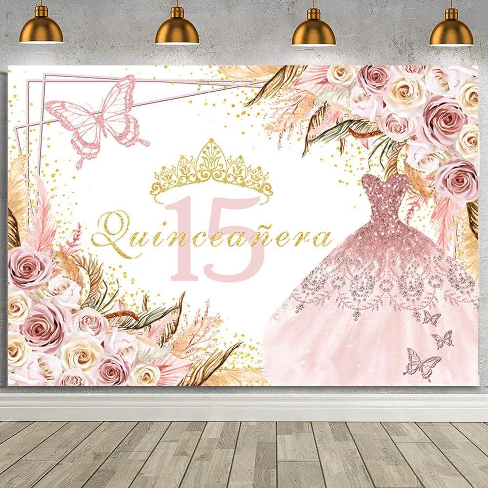 MEHOFOND 7x5ft Quinceanera 15th Birthday Boho Backdrop for Sweet Girl Boho Birthday Pink Butterfly Background Girl Pink Floral Crown Princess Banner 15th Miss Quince Party Decoration Supplies