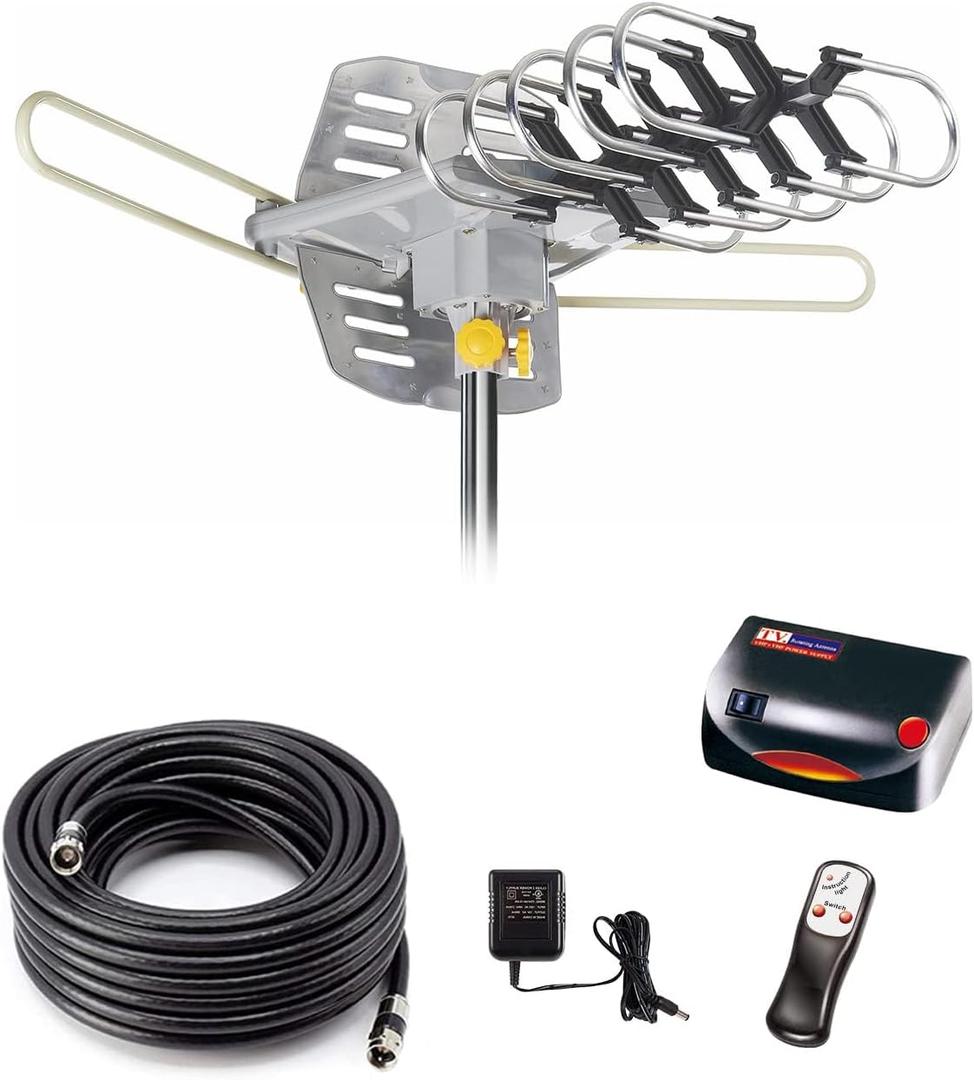 Digital Outdoor Amplified HD TV Antenna,150 Miles Motorized 360 Degree Rotation,Wireless Remote Control,40FT RG6 Coax Cable,UHF VHF 1080P 4K,Support 2 TVS