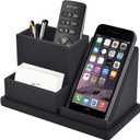 XNONE Pu Leather Desk Pen/ Pencil Organizer Multi-Function Cell Phone/ Remote Control Storage Box with 3 Compartments Office Supplies Sticky Note Tray Business Cards Holder, Black
