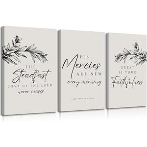 3Pcs Christian Bible Verse Canvas Wall Art Scripture Prayer Poster Print Neutral Black Botanical Painting Steadfast Love Mercies Faith Picture Wall Decor for Bedroom Living Room Office 12x16in Framed