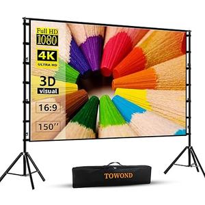Projector Screen and Stand, 150 inch Indoor Outdoor Projection Screen, Portable 16:9 4K HD Rear Front Movie Screen with Carry Bag Wrinkle-Free Design for Home Theater Backyard Cinema 