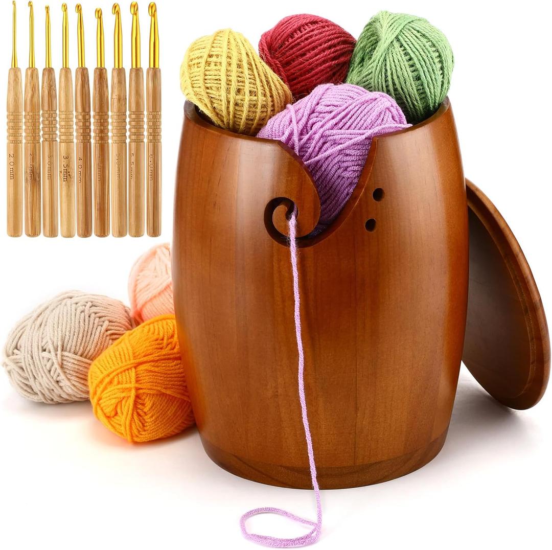 Giegxin Large Wooden Yarn Bowl with Lid 7 x7 x9 Yarn Holder for Knitting Craft Pine Wool Storage with 9 Pcs Crochet Hooks Handmade Crochet Kit Organizer Accessories for Ribbon String