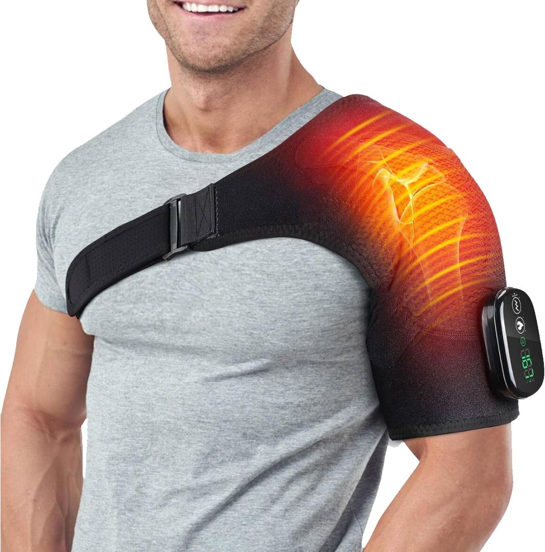 ShoulderRestore 2-in-1 Shoulder Heating Pad with Rechargeable Massager | Cordless Heated Compression Support Brace w/ Vibration Massage - Electric Massaging Heat Wrap, Adjustable Fit for Men & Women