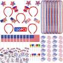MOVINPE 120 Pcs Patriotic Party Favors, 4th of July Accessories Headbands, Shutter Shades Glasses, Beaded Necklaces, Hand Held USA Flags, Musical Blow Outs, Temporary Tattoos Parades Giveaways