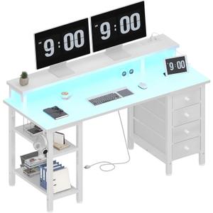 Lufeiya White Desk with Monitor Stand LED Lights and Power Outlets, 47 inch Home Office Desk, Computer Gaming Desk with Fabric Drawers and Storage Shelves, White (47.2")
