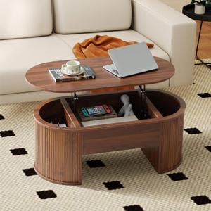 Lift Top Coffee Table, Fluted Coffee Table with Lifting Top, Wooden Lift Up Dining Table with Hidden Compartment, Center Table for Living Room, Office - Walnut