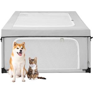 EHEYCIGA 42x42x26 Inches Puppy Playpen with Top Cover for Dogs & Cats Indoor or Outdoor - Dog Playpen with Door, Dog Fence for Small Animal with Heavy-Duty Oxford & Steel Frame, Sliver Grey