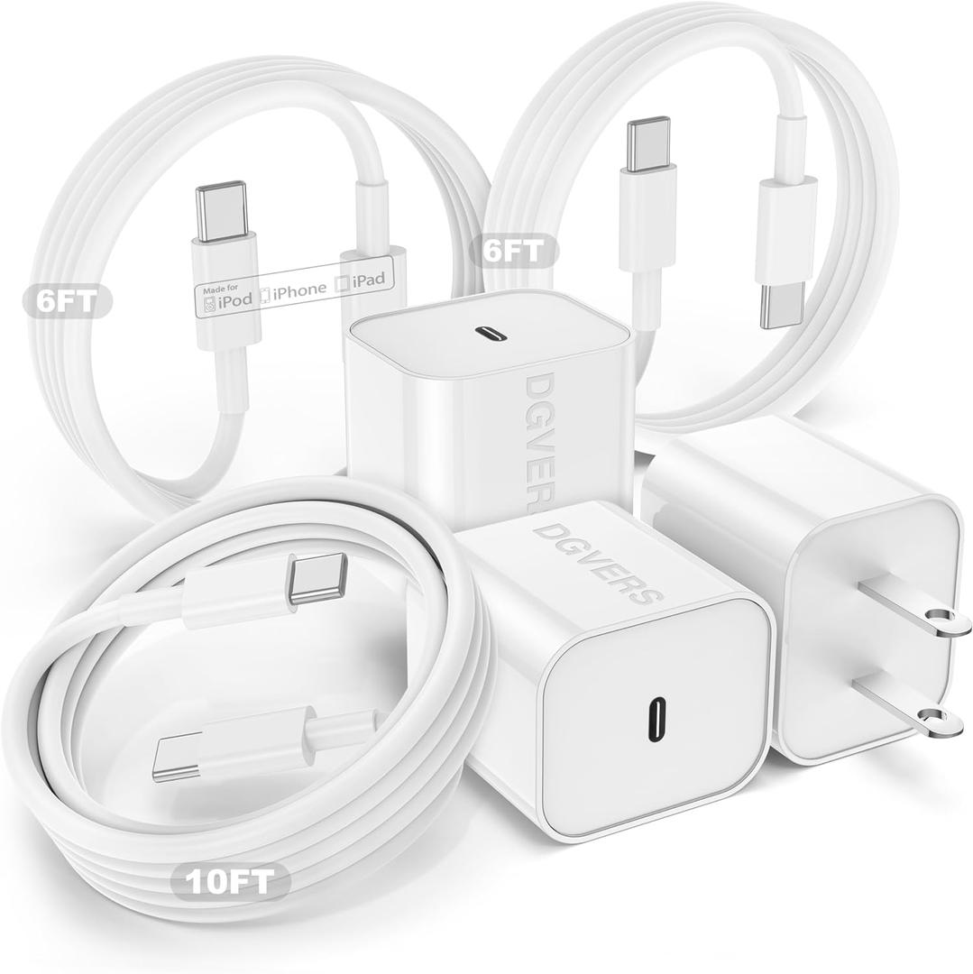 Fast Charger for iPhone 17 16 15 Charger Fast Charging 3Pack, 6+6+10ft USBC to USBC Cable Cord &20W Type C Block for iPhone 17/17 Air/17 Pro Max/17 Pro/16 15 Pro Max/Pro/Plus,iPad Pro/Air/Mini (White)