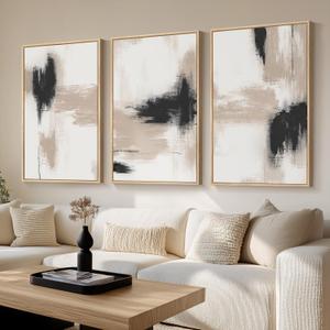 Framed Large Neutral Abstract Wall Art for Living Room, 3 Piece Modern Canvas Artworks, Minimalist Painting Prints for Dining Room Hallway Home Office Wall Decor, 24x36 In