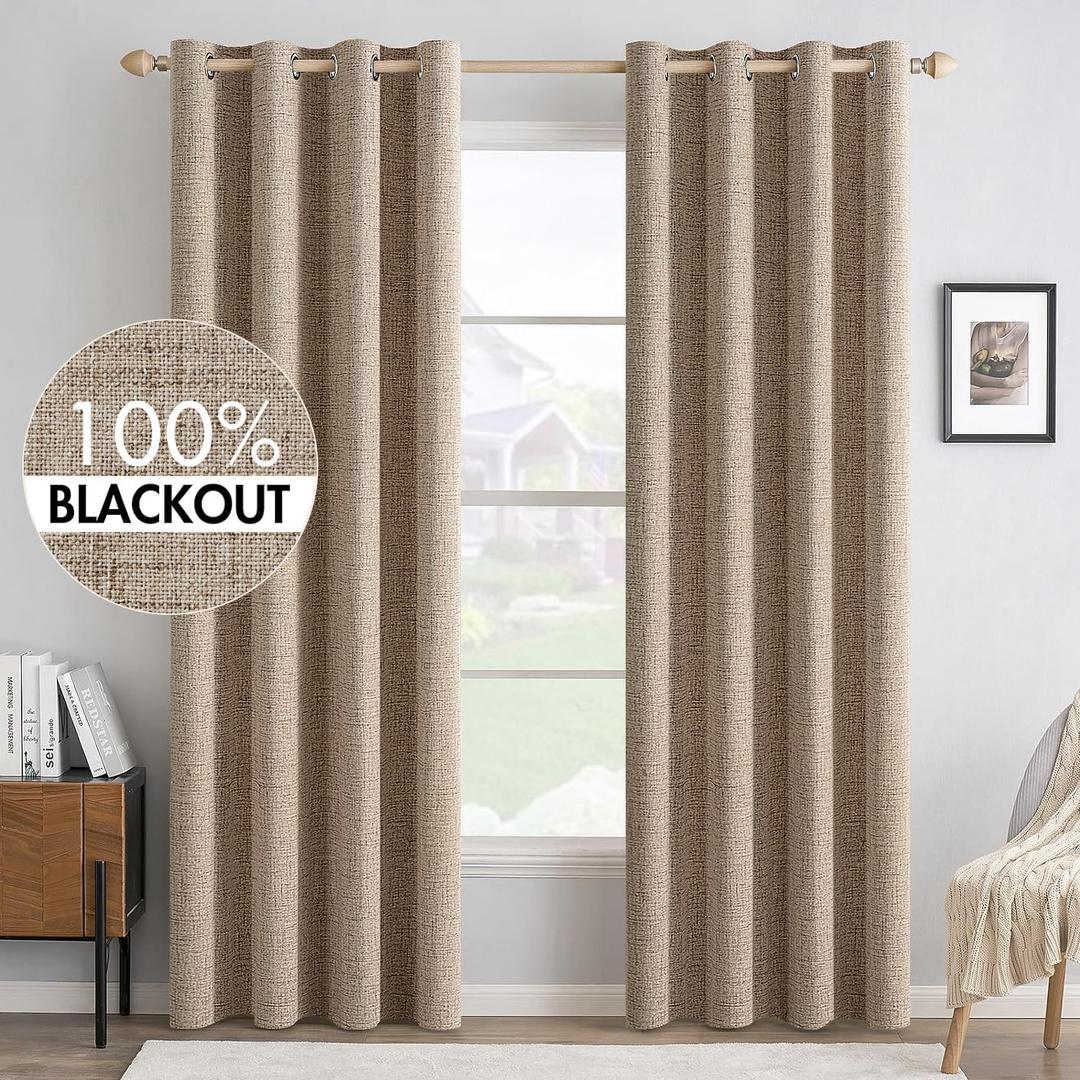 MIULEE 100% Blackout Linen Textured Curtains for Bedroom Solid Thermal Insulated Copper Brown Grommet Room Darkening Curtains & Drapes Luxury Decor for Living Room Nursery 52 x 84 Inch 