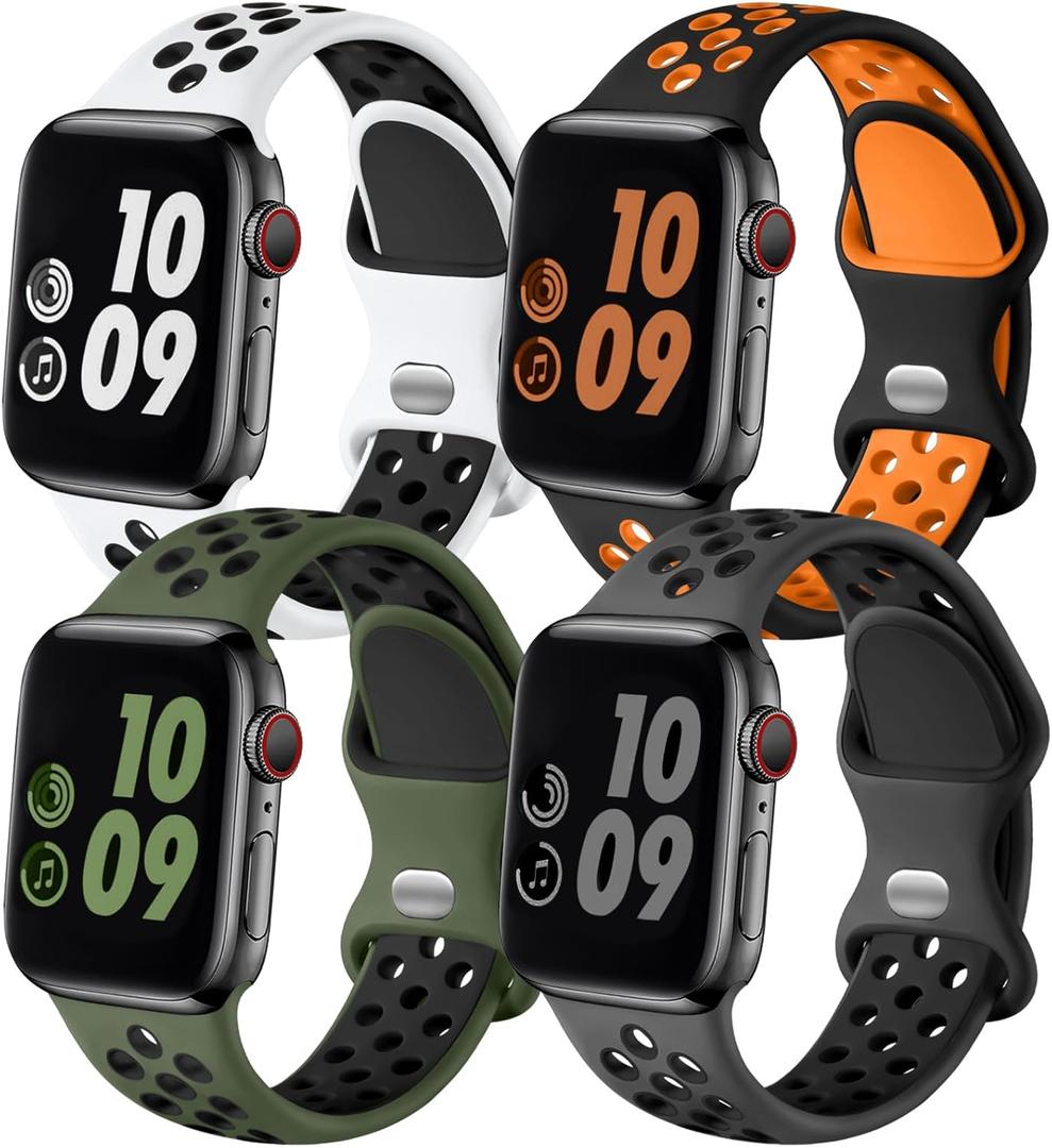 Adorve 4 Pack Sport Bands Compatible with Apple Watch Bands for Men Women 49mm 46mm 45mm 44mm 42mm 41mm 40mm 38mm,Breathable Soft Silicone Strap for iWatch Band Series 11 10 SE Ultra 9 8 7 6 5 4 3 2 1 (WhiteBlack/ArmyGreenBlack/BlackOrange/AnthraciteBlack)
