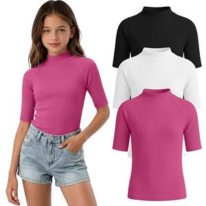 LessonZoo 3 Pack Girls' Shirts Teen Summer Tops Mock Turtleneck Slim Fit Ribbed Half Sleeve Fashion Tees Kids Clothes Trendy(Rose Pink, White, Black,11-12 Years)
