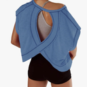 Kumufenc Women Short Sleeve Workout Shirts Open Back Tops Casual Yoga Y2k Athletic Gym Slouchy Crop Running Tees(Blue S)
