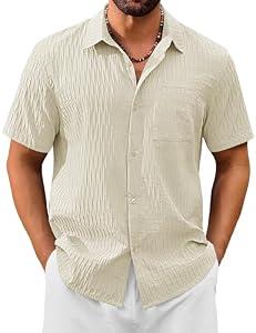 Cotrasen Men's Short Sleeve Button Up Casual Shirts Textured Vacation Linen Collared Shirts Summer Beach Shirt with Pocket Light Apricot S