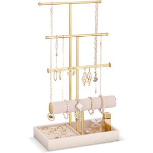 Lolalet Jewelry Holder Tree with Velvet Tray, 4 Tiers Necklace Display Stand Rack with Ring Slots Organizer for Earrings Bracelets Bangles Ring -Beige