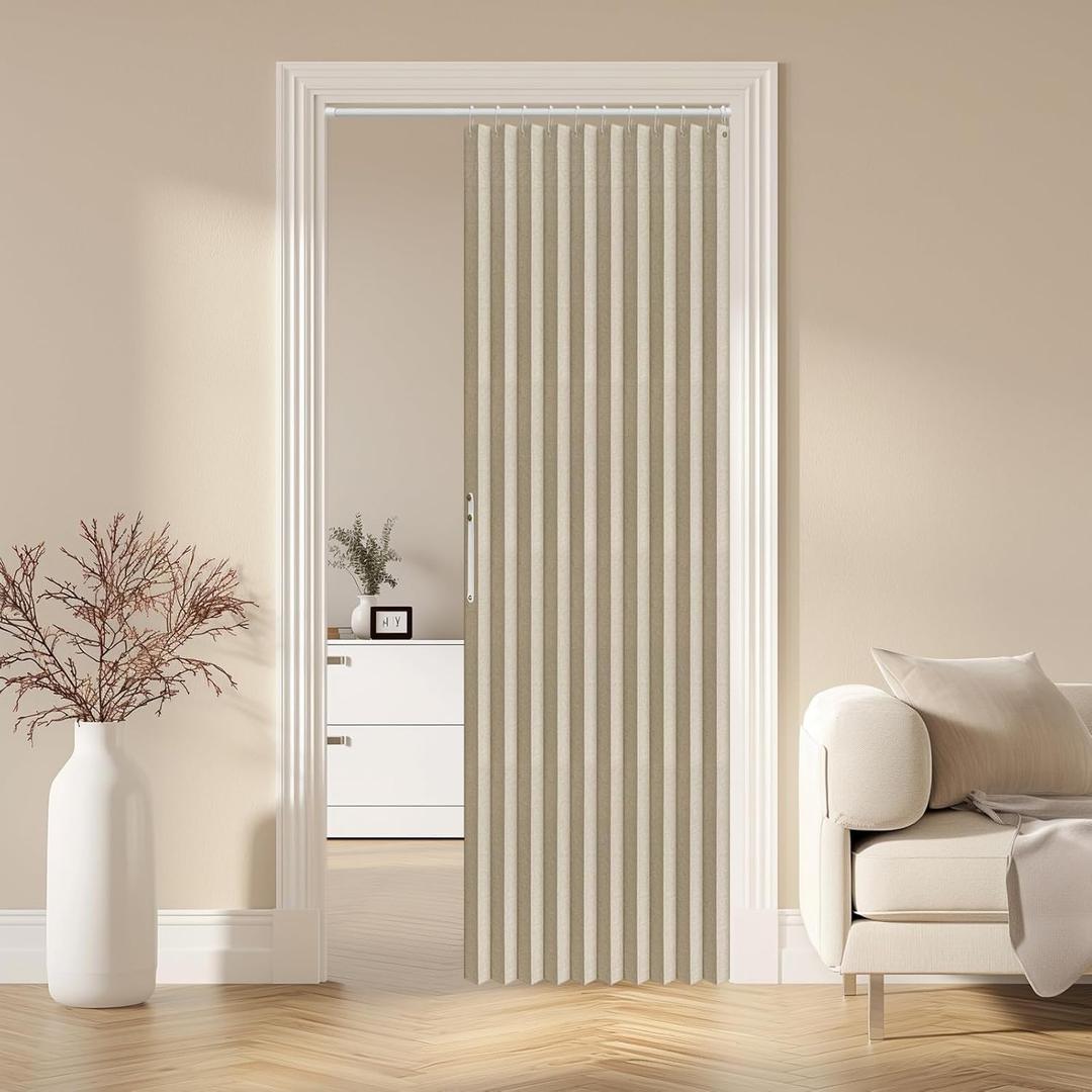 AJAZZ 100% Blackout Magnetic Door Curtain Accordion Doors Interior Folding Closet Door Curtain Invisible Applicable Bedroom Room Living Room Doorway Cream Yellow 42" W x 78" L 1 Panel