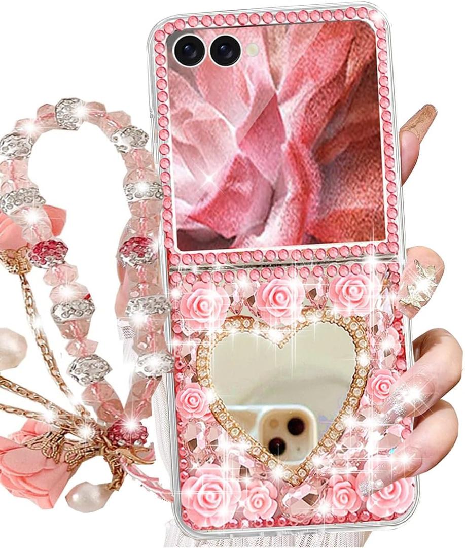 Changjia for Samsung Galaxy Z Flip 7 Glitter Bling Case, Cute 3D Sparkle Heart Makeup Mirror Crystal Rhinestones Flowers Diamond Gems with Lanyard Wrist Strap Women Girls Case for Galaxy Z Flip 7, Pink