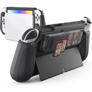 Switch OLED Case with Flip Game Storage, KIWIHOME Dockable Protective Case for Nintendo Switch OLED 2021 TPU Grip Portable Cover Accessories, Black