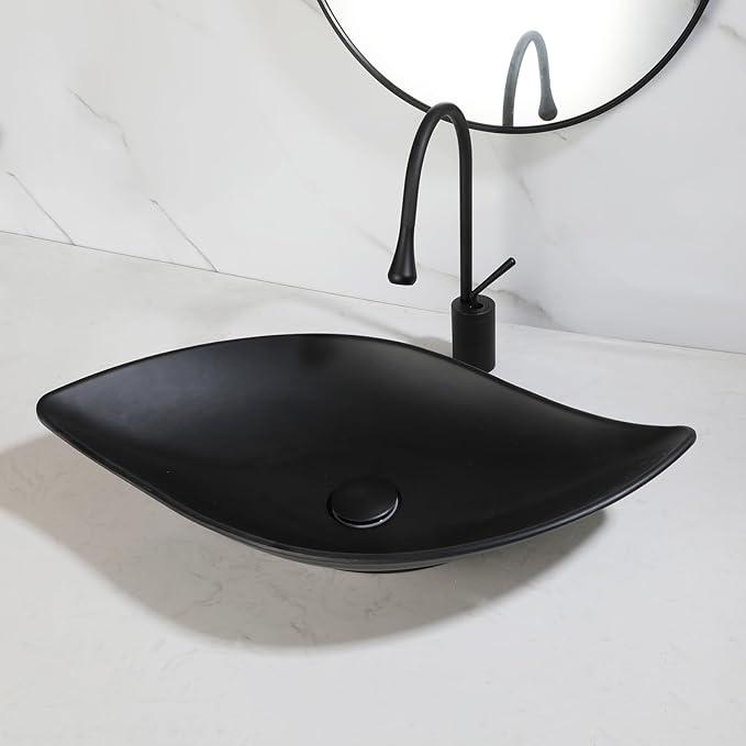 Oval Black Bathroom Vessel Sink With Faucet And Drain 26"x13" Leaf Shaped Vessel Sinks Bathoom Stone Resin Sinks Above Counter Sink Bowl Black Bowl Sinks for Bathrooms