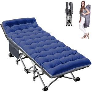 ABORON Folding Camping Cot W/Mat for Adults, Heavy Duty Outdoor Bed with Carry Bag,1200 D Layer Oxford Travel Camp Cots, Denim 