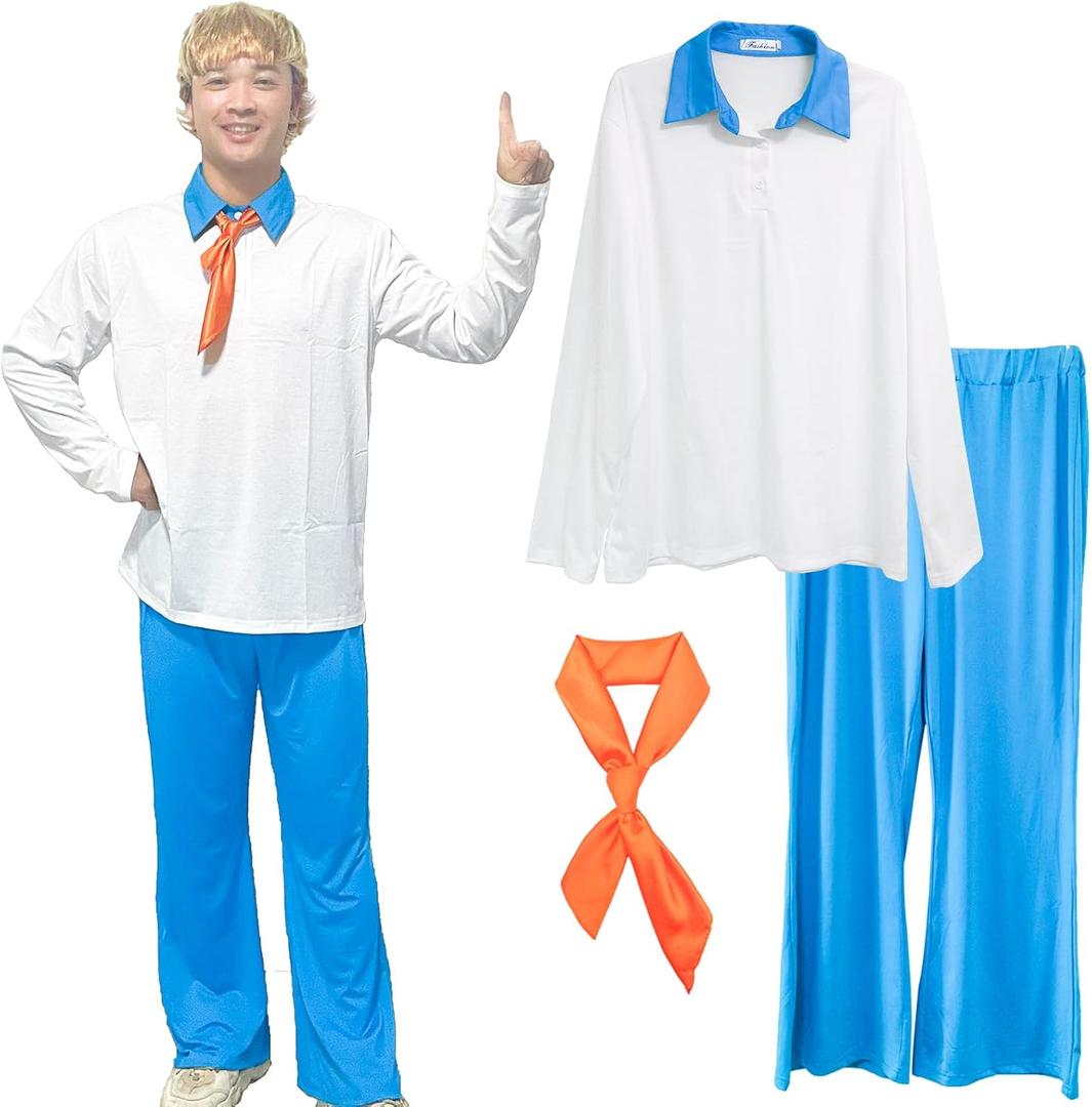 Halloween Costume for Men Shirt and Pants Set with Orange Scarf Classic Movie Outfits Cosplay (X-Large, White Blue)