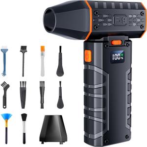Compressed Air Duster - 100 - Gear Adjustable 130,000 RPM Rechargeable Cordless Electric Air Duster with Display Screen, Mini Dust Blower for Computer, Keyboard, Home, Car Cleaning (Black + Orange)