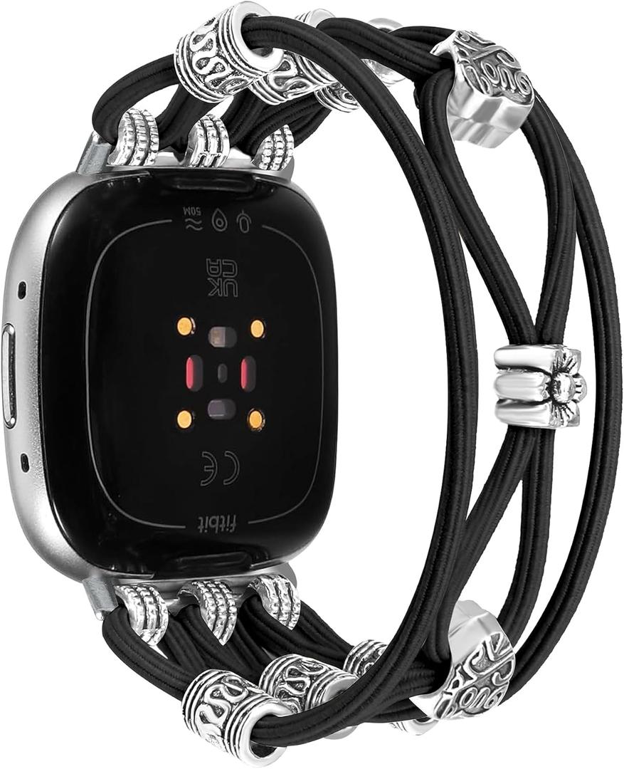 Beaded Bracelet Compatible with Fitbit Versa 4/Versa 3/Sense 2/Sense Bands Women, Boho Soft Elastic Stretchy Nylon Braided Strap Fancy Dressy Charms Wristband for Fitbit Smartwatch, S (Black)